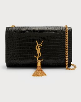 Сумка через плечо Kate среднего размера с кисточками YSL из кожи с тиснением под крокодила Saint Laurent, цвет Black prod248460041 | black