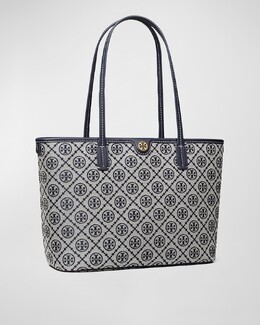 Маленькая сумка-тоут из плотной ткани на молнии с буквой Т и монограммой Tory Burch, цвет Tory Navy prod265610127 | tory navy