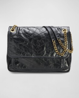 Сумка на плечо Niki среднего размера с клапаном YSL из мятой кожи Saint Laurent, цвет Nero prod253250228 | nero