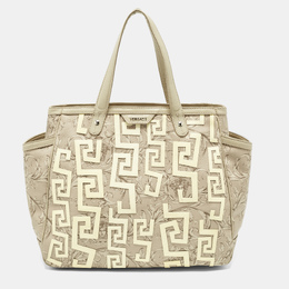 Versace Beige/Cream Coated Canvas and Leather Barocco Tote 1207526