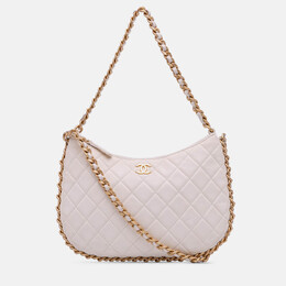 Chanel White Large Shiny Crumpled Quilted Lambskin Trendy Chain Around Hobo 1207492