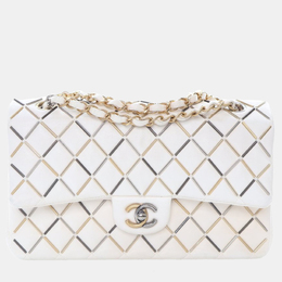 Chanel Embellished Double Flap Medium White Lambskin Shoulder Bag 1207880