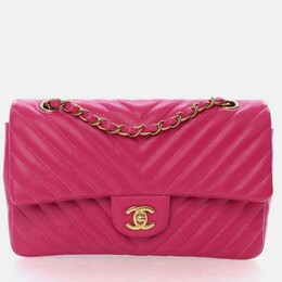 Chanel Classic Double Flap Medium Pink Chevron Lambskin Shoulder Bag 1207849