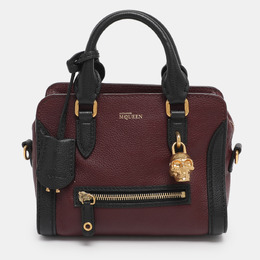 Alexander McQueen Burgundy/Black Pebbled Leather Mini Skull Padlock Zip Tote 1207375