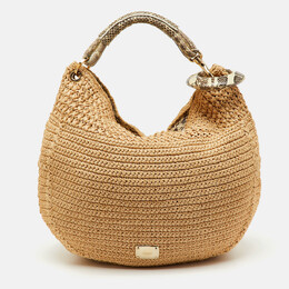 Jimmy Choo Beige/Black Raffia and Snakeskin Trim Sky Hobo 1208733