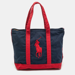 Ralph Lauren Navy Blue/Red Canvas Embroidered Tote 1206692
