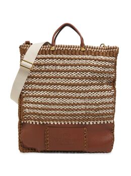 Большая плоская сумка-тоут из плетеного текстиля и кожи Valentino Garavani, цвет Brown Ivory 0400022841732 | brown ivory