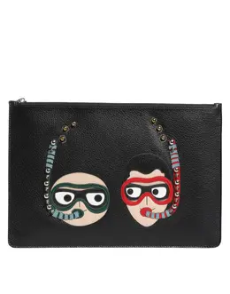 Dolce & Gabbana Black Leather #DGFAMILY Embellished Men Clutch Pouch Bag bag4655