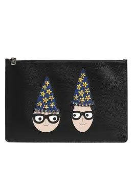 Dolce & Gabbana Black Leather #DGFAMILY Embellished Men Clutch Pouch Bag bag4683
