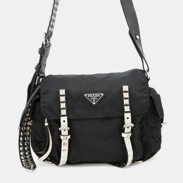 Prada Studded Black White Nylon Leather Shoulder Bag 1209265