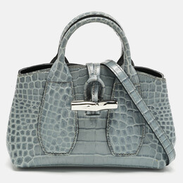 Longchamp Blue Croc Embossed Leather Roseau Crossbody Bag 1209018