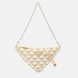 Prada Triangle Triangolo Jacqu Shoulder Bag Canvas Beige White 1210242