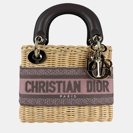 Christian Dior Lady Straw Canvas Handbag Shoulder Bag In Natural Pink Gray And Gold 1210154