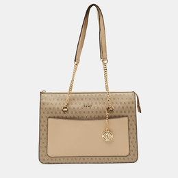 DKNY Beige Monogram Coated and Leather Large Bryant Chain Zip Tote 1209688