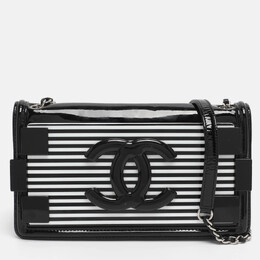 Chanel Black/White Stripe Plexiglass And Patent Leather East/West Boy Brick Flap Bag 1209435