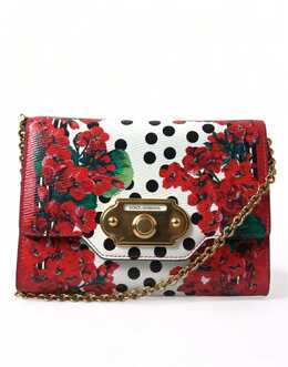 Dolce & Gabbana Red Floral Polka Dot Print Leather Chain DG Logo Shoulder Bag bag1307