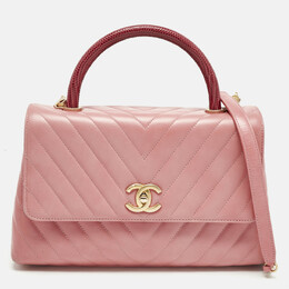 Chanel Pink/Fuchsia Chevron Leather and Lizard Small Coco Top Handle Bag 1211169