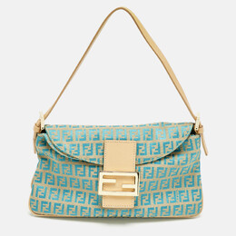 Fendi Metallic Blue/Beige Zucchino Canvas Double Flap Baguette Bag 1210904