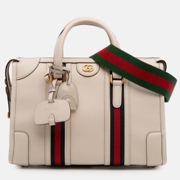 Gucci White Medium Calfskin Web Bauletto Top Handle Bag 1211171