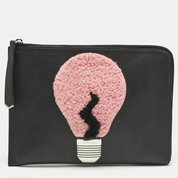Fendi Black Leather and Shearling Fur FF Fflynn Zip Clutch 1211923