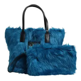 Dolce & Gabbana Blue Fur Logo Plaque Double Handle Shoulder Bag bag4075