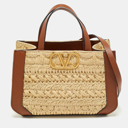 Valentino Brown/Natural Raffia and Leather Small VLogo Signature Tote 1212429