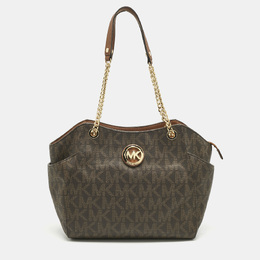 Michael Kors Brown Signature Coated Canvas Jet Set Travel Chain Tote 1211972