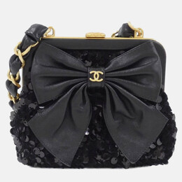 Chanel Black Spangle Tweed Bow Chain Clutch 1213759