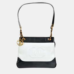 Chanel Two-Tone Coco Mark Chain Tote Shoulder Bag Leather White Navy 1213819