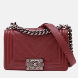 Chanel Boy Chanel V-Stitch Chain Shoulder Bag In Caviar Leather Red 1213755