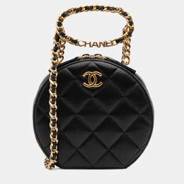 Chanel Black Quilted Lambskin Oval Logo Chain Top Handle Round Clutch on Chain 1213685