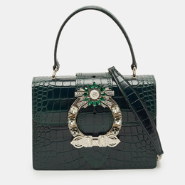Miu Miu Dark Green Croc Embossed Leather Crystals Embellished Buckle Flap Top Handle Bag 1213584