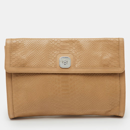 Longchamp Beige Croc Embossed Leather Oversized Clutch 1213326