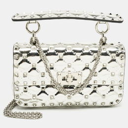 Valentino Silver Quilted Patent Leather Small Rockstud Spike Top Handle Bag 1213184