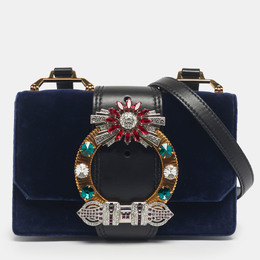 Miu Miu Navy Blue/Black Velvet and Leather Crystal Embellished Buckle Flap Bag 1213154