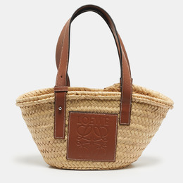 Loewe Beige/Brown Raffia and Leather Small Basket Tote 1212822