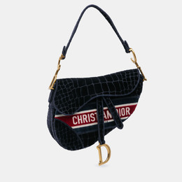 Christian Dior Navy Blue Velvet Embroidered Crocodile Effect Saddle Bag 1214340