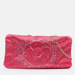 Chanel Pink Satin Diamante Camellia Clutch with Chain 1214290
