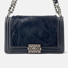 Chanel Boy Chanel Chain shoulder Bag Black Leather Fur Size 25 1215835