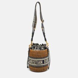 Christian Dior Navy Blue/Brown Oblique Canvas and Raffia Drawstring Bucket Bag 1214181