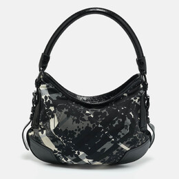 Burberry Black Floral Beatcheck Nylon and Patent Leather Small Foley Hobo 1214118