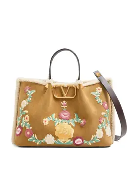 Valentino Garavani medium VLogo-signature floral-embroidered suede tote bag 31091879