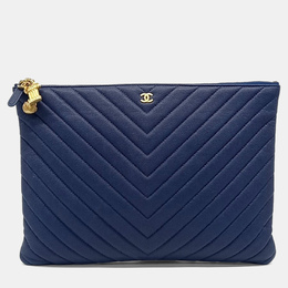 Chanel Blue Leather Caviar Chevron Clutch New Medium 1216386