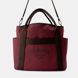 Hermes Sucked Pansage Groom Rouge H/Chocolat Toile Chevrons Canvas Bag 1215788