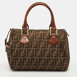 Fendi Tobacco Zucca Canvas and Croc Embossed Leather Forever Bauletto Boston Bag 1215522