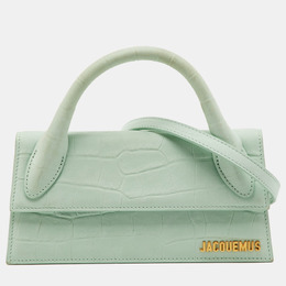 Jacquemus Light Green Croc Embossed Nubuck Leather Long Le Chiquito Top Handle Bag 1216499