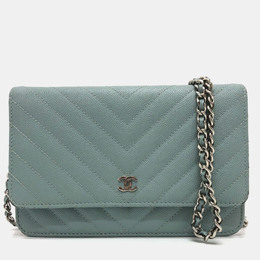 Chanel Long Wallet With V-Stitching And Coco Mark Cc Chain Shoulder Bag Caviar Leather Blue 1218505