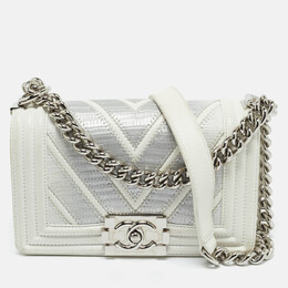 Chanel White/Grey Chevron Lizard and Leather Small Boy Flap Bag 1217440