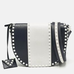 Valentino Navy Blue/White Leather Colorblock Halfmoon Saddle Crossbody Bag 1217787