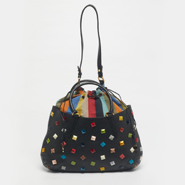 Fendi Black/Multicolor Leather and Fabric Studded B. Fab Drawstring Tote 1217597